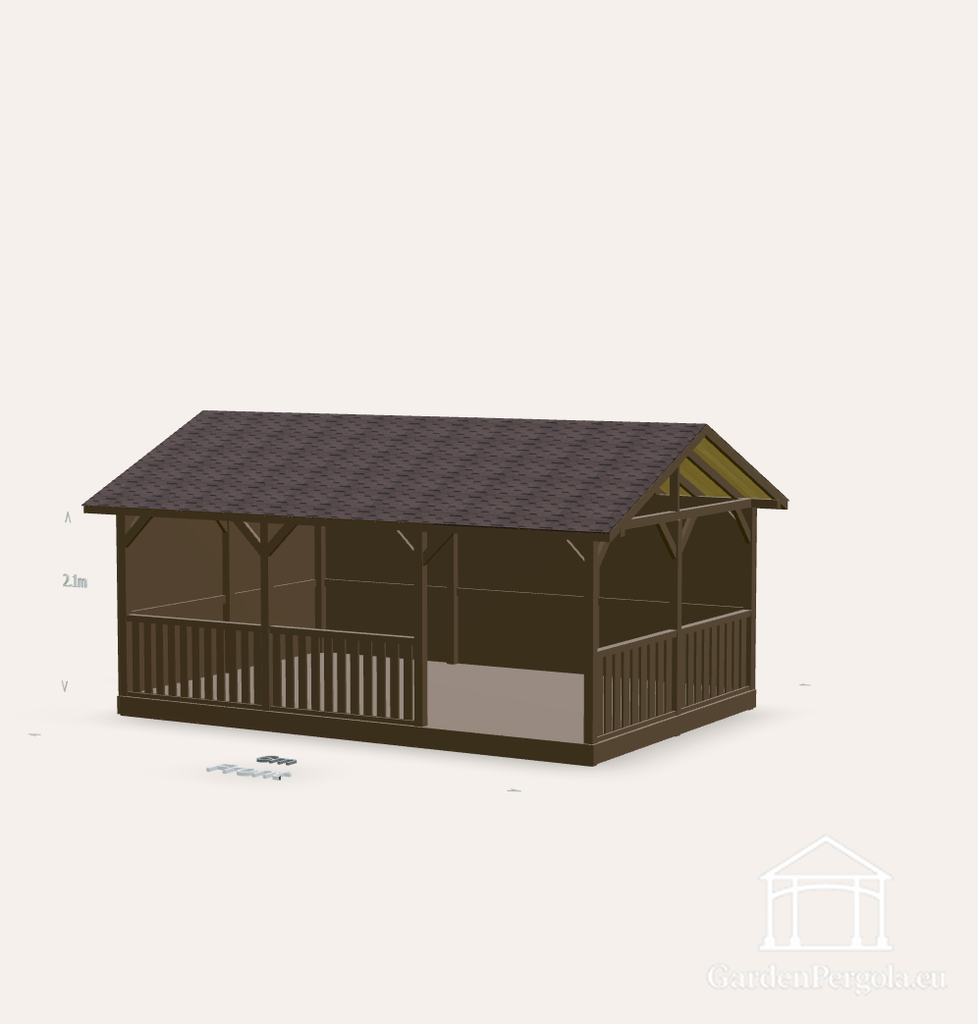 Puutarhapaviljonki 4x6m ruskealla kaksilappeisella kattotiilikatolla