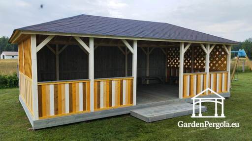 4x8 m Puinen Lastentarhan Paviljonki — Tilava Ulkopaviljonki Lattialla ja Katetulla Katolla - garden gazebo pergola