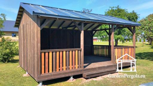 4x6 m ruskea puinen paviljonki — tilava puutarhapaviljonki lattialla ja metallisella harjakatolla - garden gazebo pergola