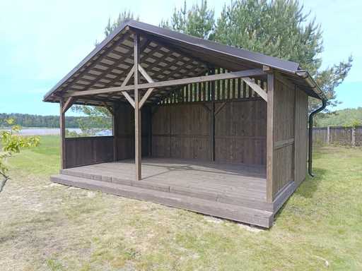 4x6 m Puinen Paviljonki — Tilava Puutarhapaviljonki Lattialla ja Kaksilappeisella Katolla - garden gazebo pergola