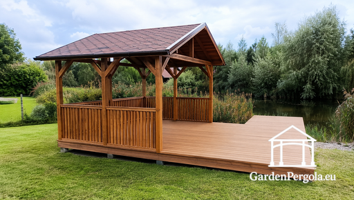 3x4 m Puinen Paviljonki 3x4 m Terassilla — Kotoisa Puutarhapaviljonki Lattialla ja Avoimella Terassilla - garden gazebo pergola