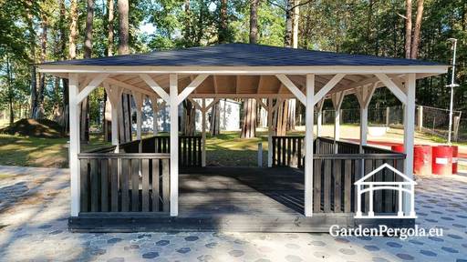 5x5 m Puinen Paviljonki — Tilava Puutarhapaviljonki Lattialla ja Kahdella Avoimella Sisäänkäynnillä - garden gazebo pergola