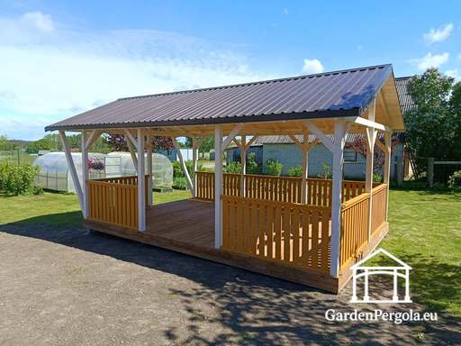 4x7 m Räätälöity Puinen Paviljonki — Tilava Puutarhapaviljonki Lattialla ja Kaksilappeisella Katolla - garden gazebo pergola