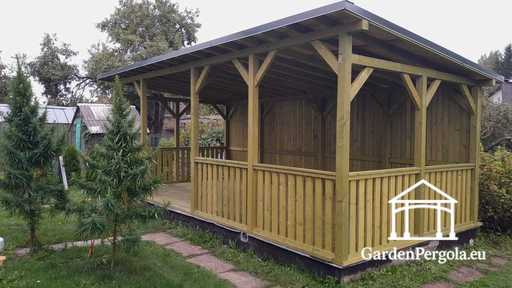 4x7 m Luonnollinen Puu Paviljonki — Tilava Puutarhapaviljonki Lattialla, Kaiteilla ja Yksilappeisella Katolla - garden gazebo pergola