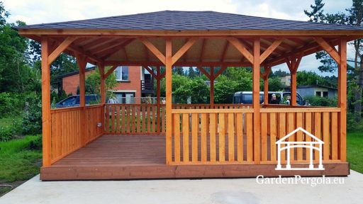 4x5 m meripihkanvärinen puinen huvimaja — tilava puutarhahuvimaja lattialla, kaiteilla ja katetulla katolla - garden gazebo pergola