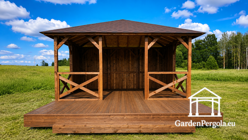 4x4,5 m Puinen Puutarhapaviljonki 2x4,5 m Avoimella Terassilla - garden gazebo pergola