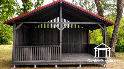 4x6 m Tummanharmaa Puinen Puutarhapaviljonki Metallikatolla - garden gazebo pergola