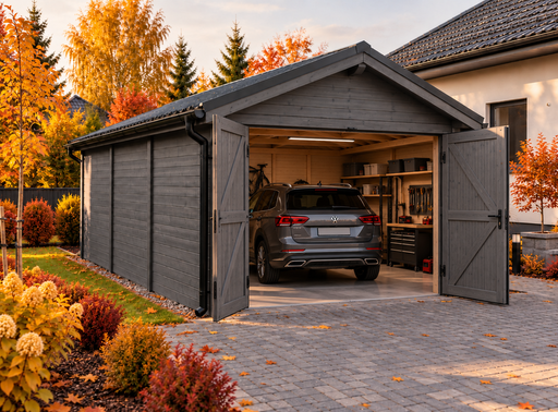 4 × 5 m puinen autotalli kaksilappeisella metallikatolla