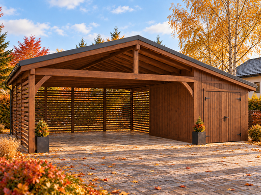4,5 × 9 m puinen autokatos varastohuoneella ja kaksilappeisella metallikatolla - garden gazebo pergola
