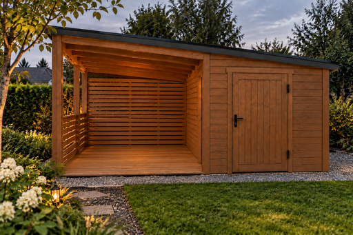4,5x4,5 m puinen puutarharakennus varastoyksiköllä ja katoksella - garden gazebo pergola