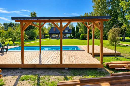 Ainutlaatuinen 65 m² luonnonpuinen uima-altaan terassi integroidulla pergolalla